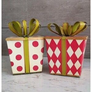 2 Ballard Christmas Gift Boxes Metal With Bow Holiday Decor Red White Green